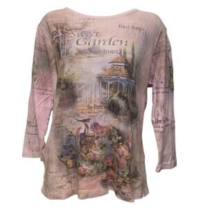 Vintage Cactus Pink Rhinestone Garden Graphic 3/4 Sleeve Shirt Size L Y2K 90s